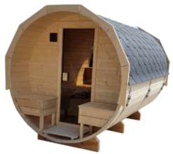 Saunafass mit Vordach mit Aussensitzbank mit Vorraum ø200cm und ø220cm konfigurierbar